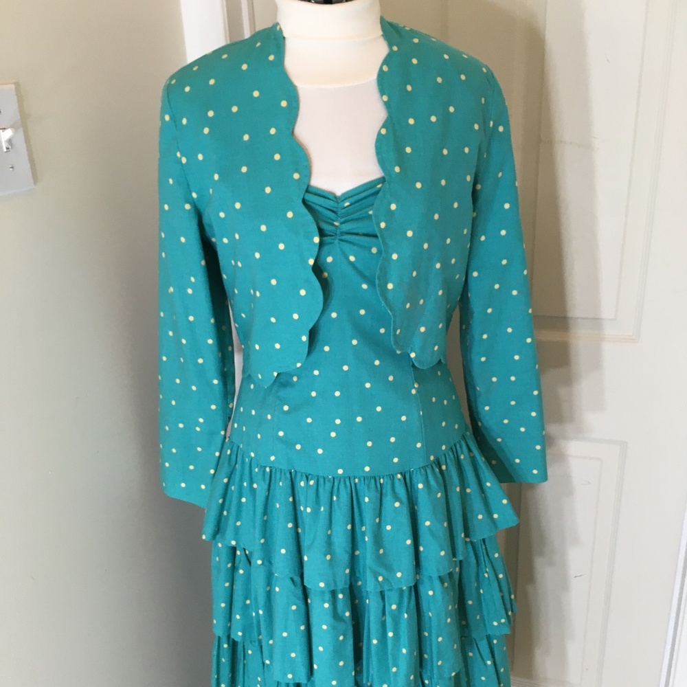 Laura Ashley vintage strapless teal polka-dot dress with matching bolero